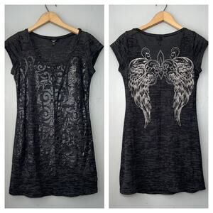 Vanity Tee Size M Black Burnout Knit Y2K Emo Grunge Moto Shirt Angel Wings Cross